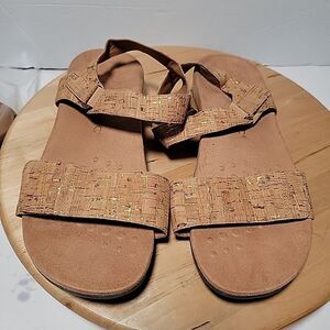 Vionic Amber Adjustable Sandal Womens 11 Gold Cork Flats Orthotic Arch Support